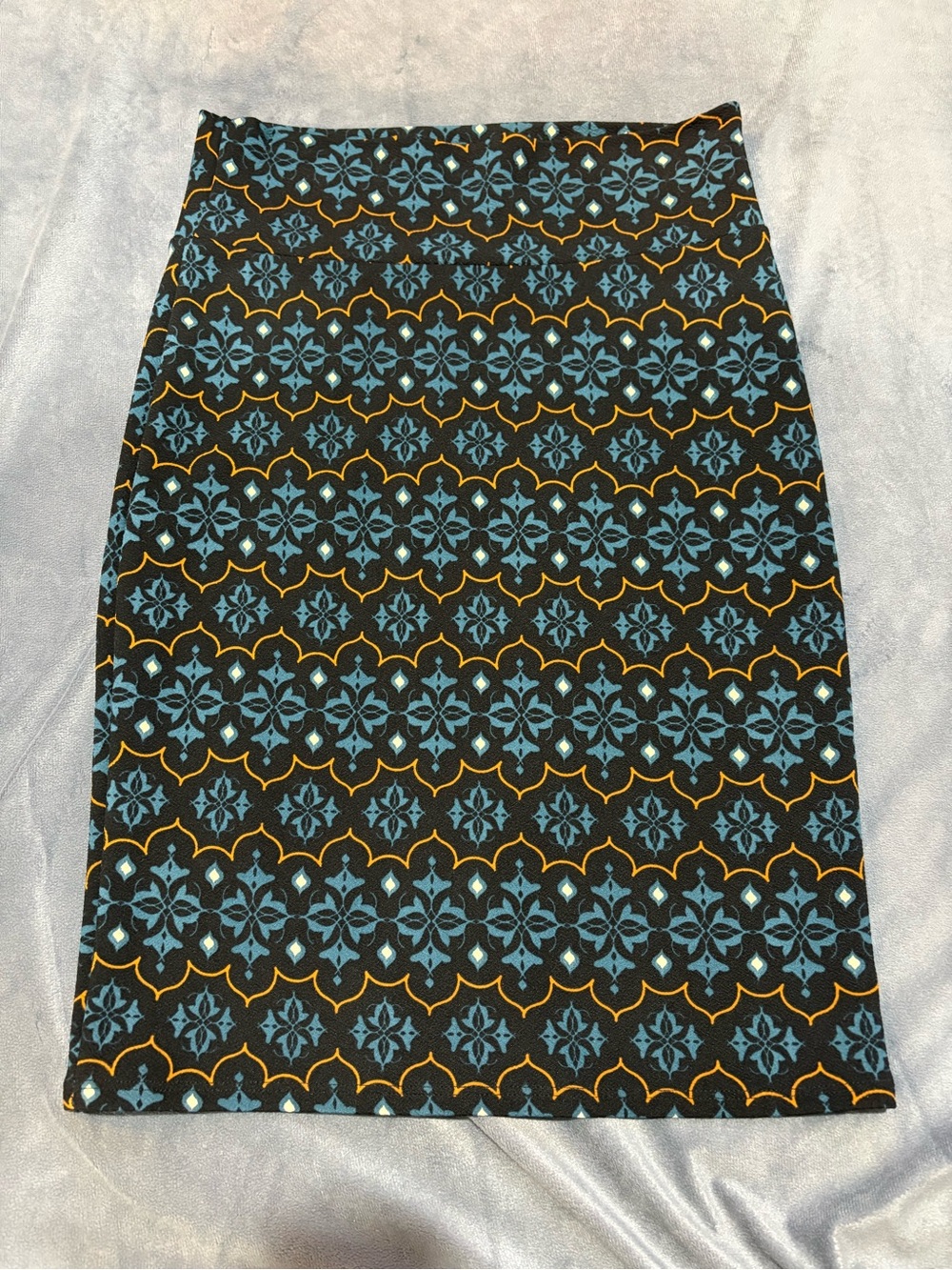 LulaRoe Navy Cassie Patterned Pencil Skirt with Blue Accents